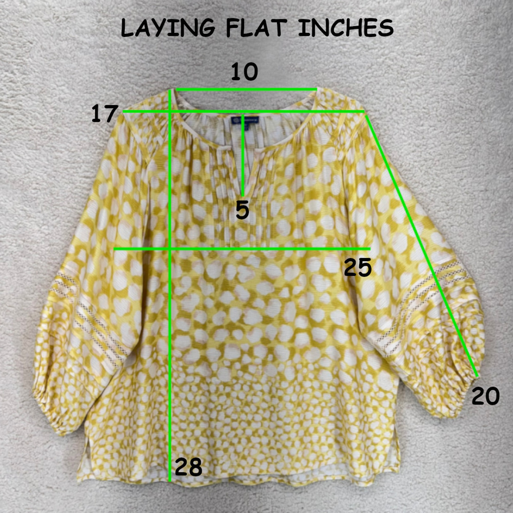 Democracy Pintuck Top Women Size 1X Yellow White Dots 3/4 Sleeve Split Neck - Picture 3 of 10
